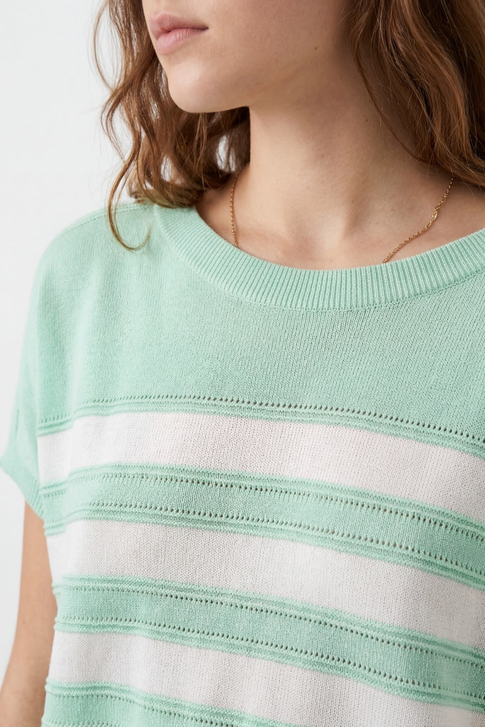 Camisola de manga curta de malha às riscas verde menta