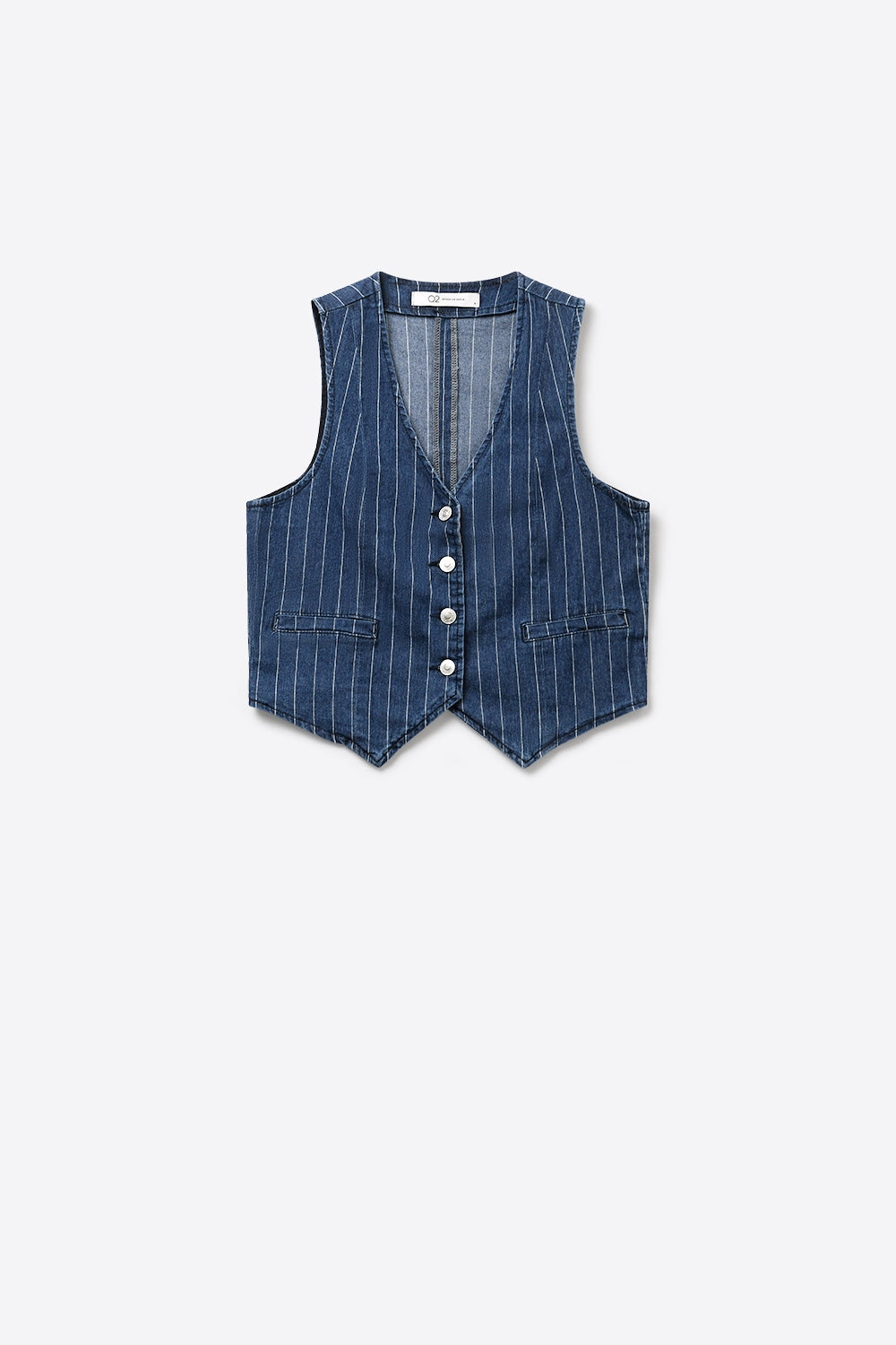 Colete com Botões na Frente de Denim com Risca de Giz Azul