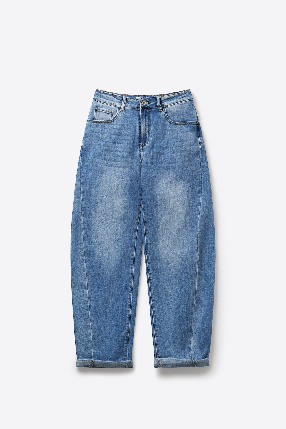 Jeans Balão Descontraídos de Cintura Alta em Denim Lavagem Clara