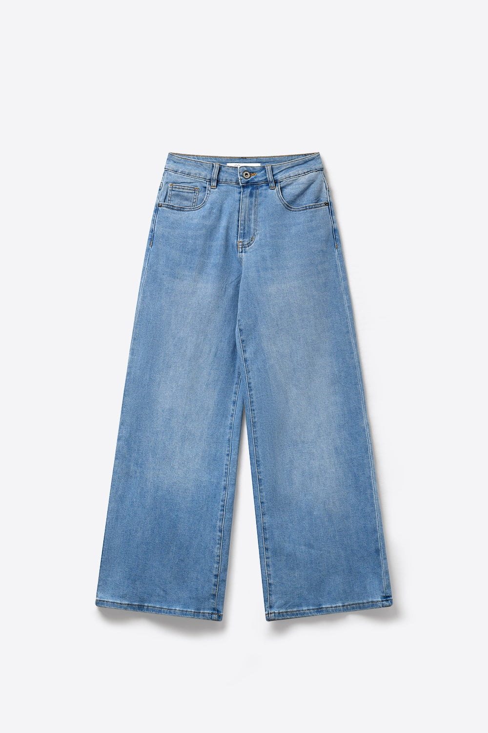 Jeans de Denim Azul Claro com Pernas Largas e Bolsos Traseiros em Strass Rosa