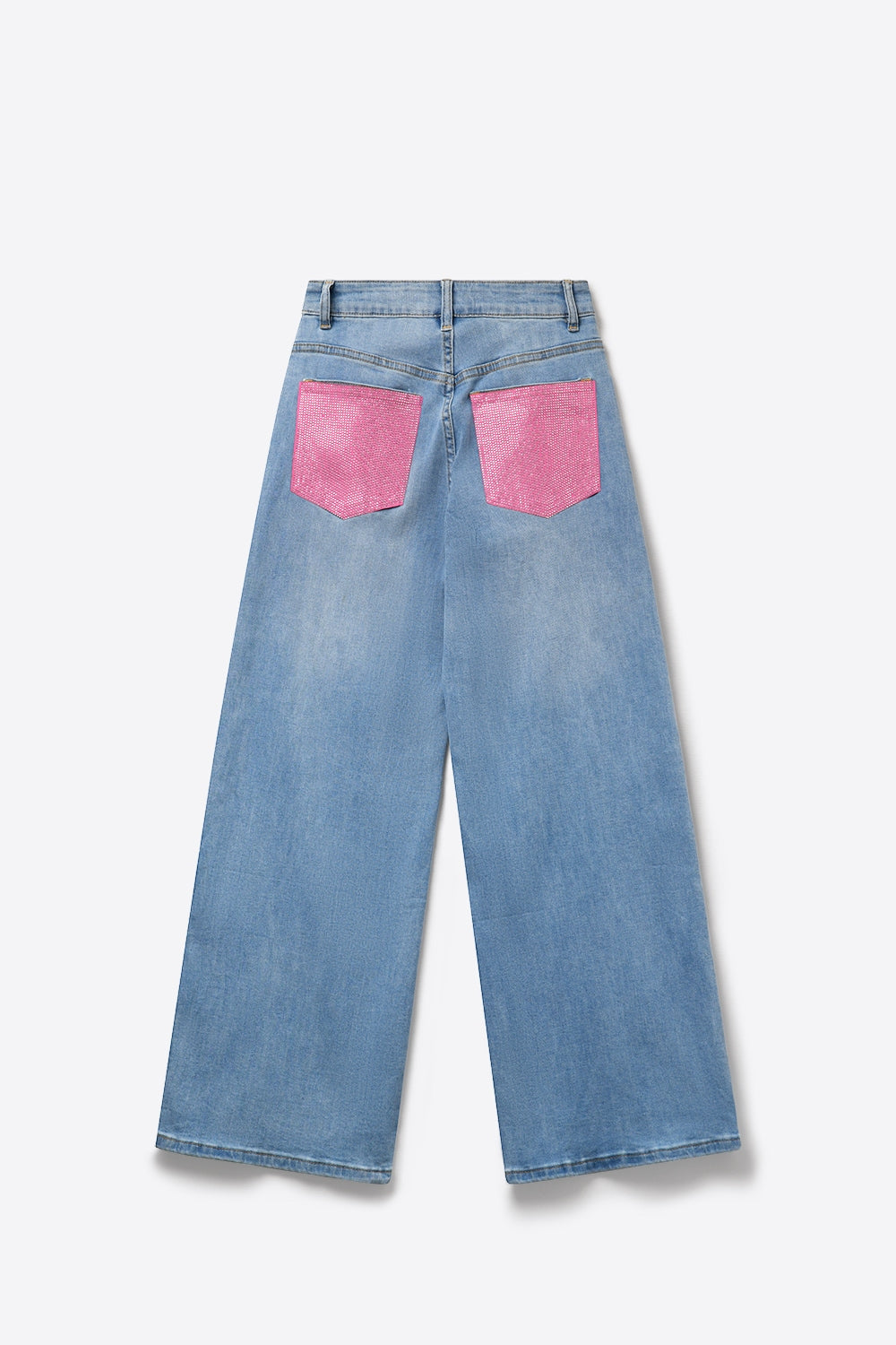 Jeans de Denim Azul Claro com Pernas Largas e Bolsos Traseiros em Strass Rosa