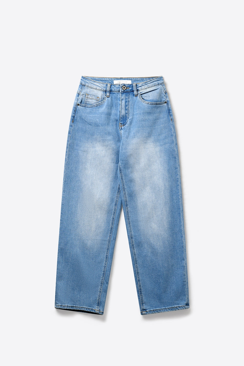Jeans de Denim de Cintura Média e Perna Reta em Lavagem Azul Claro