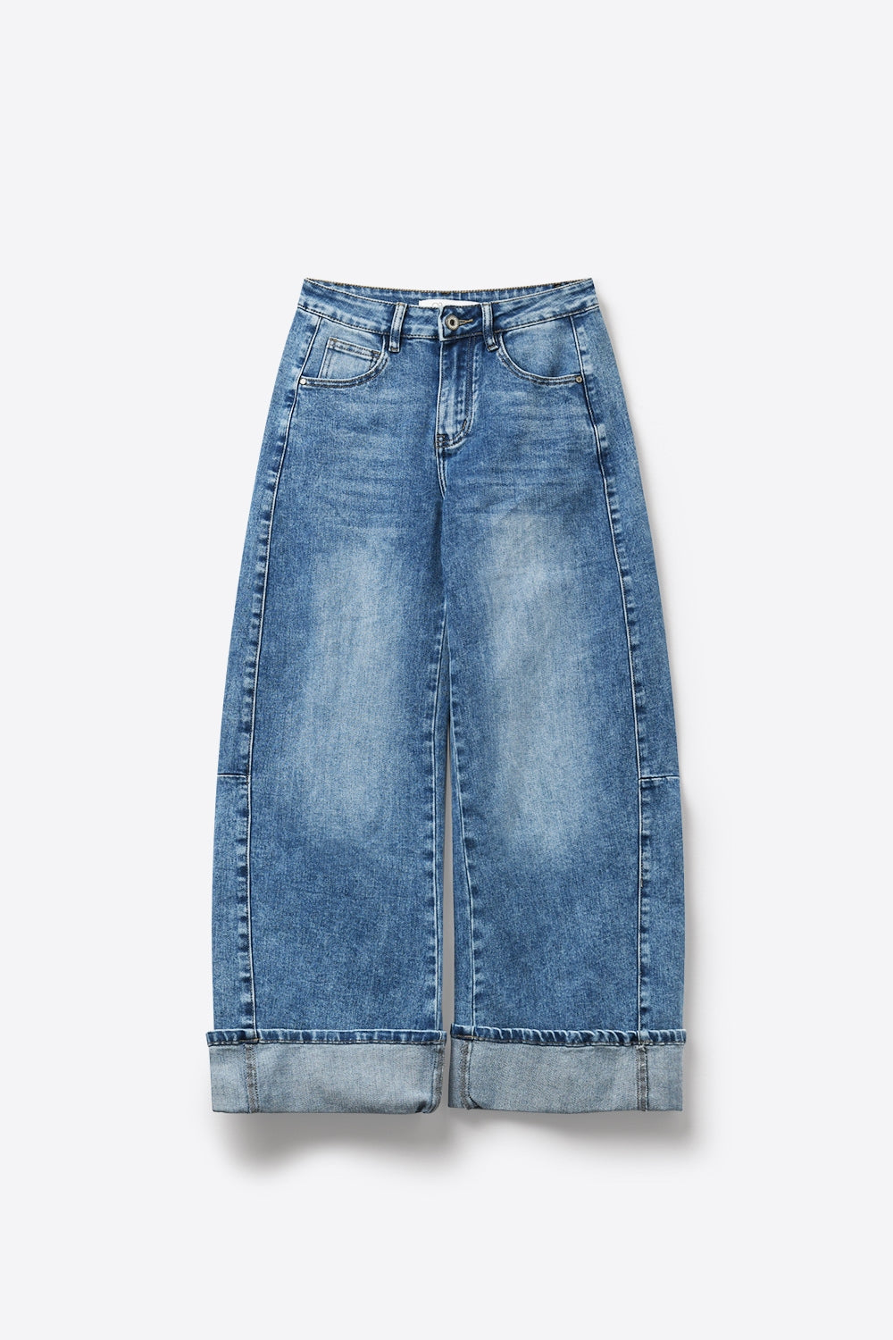 Jeans de Denim Azul de Perna Larga com Lavagem Clara e Punhos