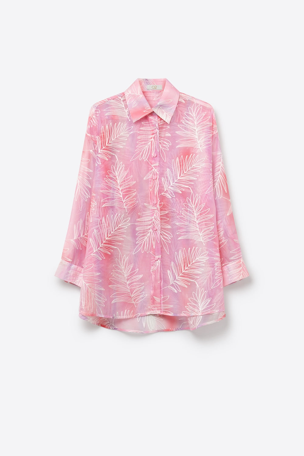 Camisa rosa com estampa de folhas translúcidas e tecido transparente