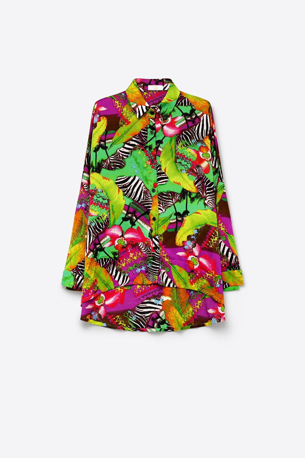 Camisa Tropical Vibrante Verde Multicolor com Estampa e Botões em Tecido de Cetim