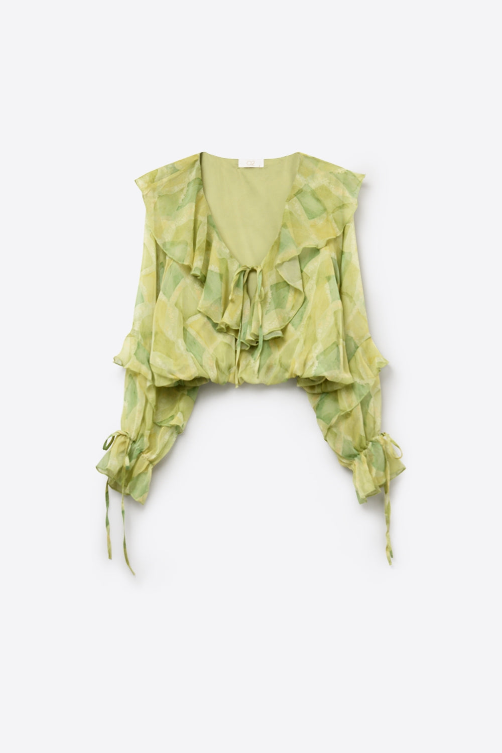Blusa Transparente Verde Claro com Babados e Amarração Frontal