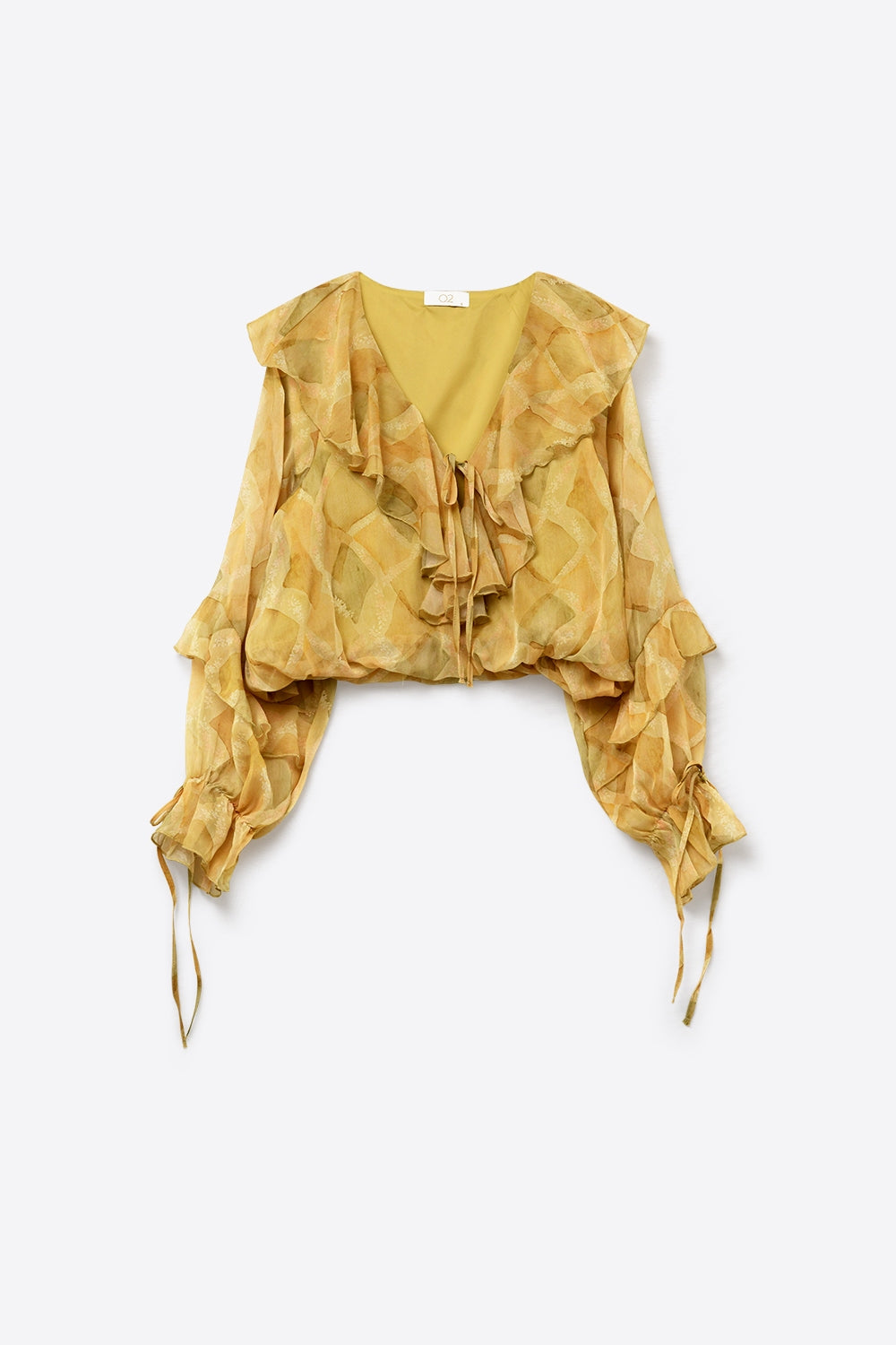 Blusa Transparente com Detalhe de Babado Mostarda e Amarração Frontal