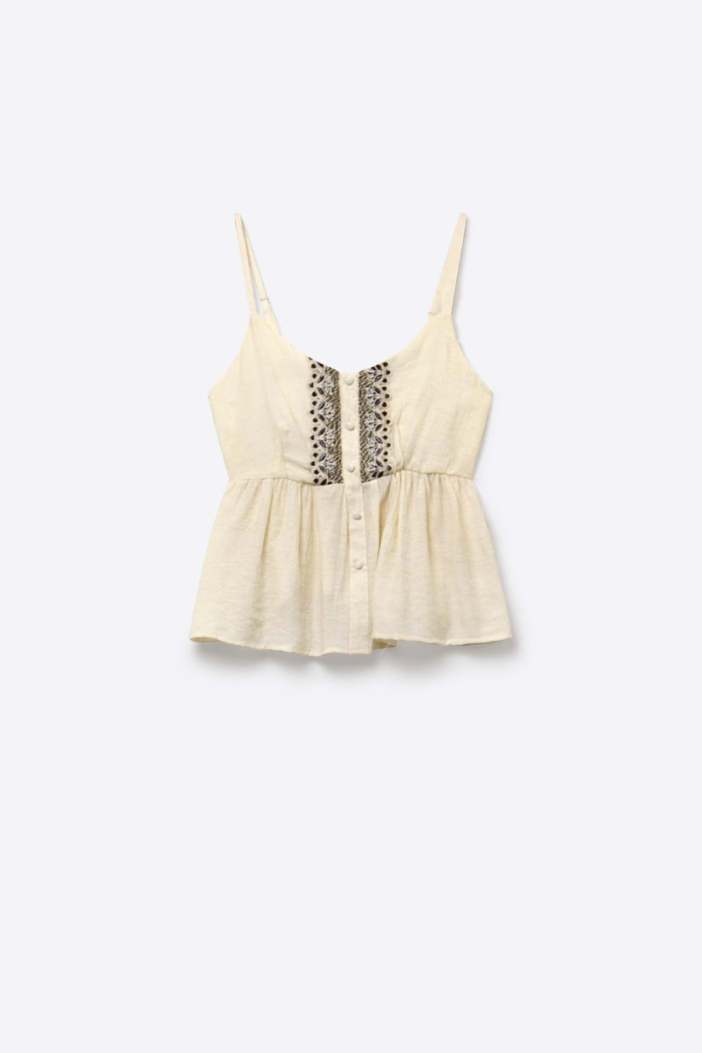 Blusa Peplum com Botões na Frente e Detalhe Bordado em Creme