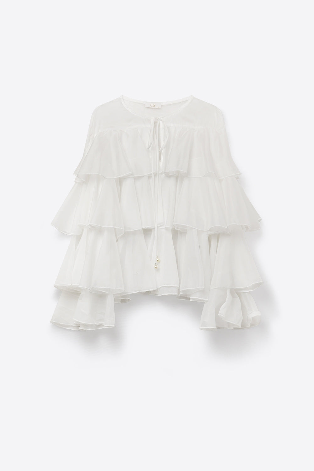 Blusa Branca com Babados em Camadas e Laço no Pescoço