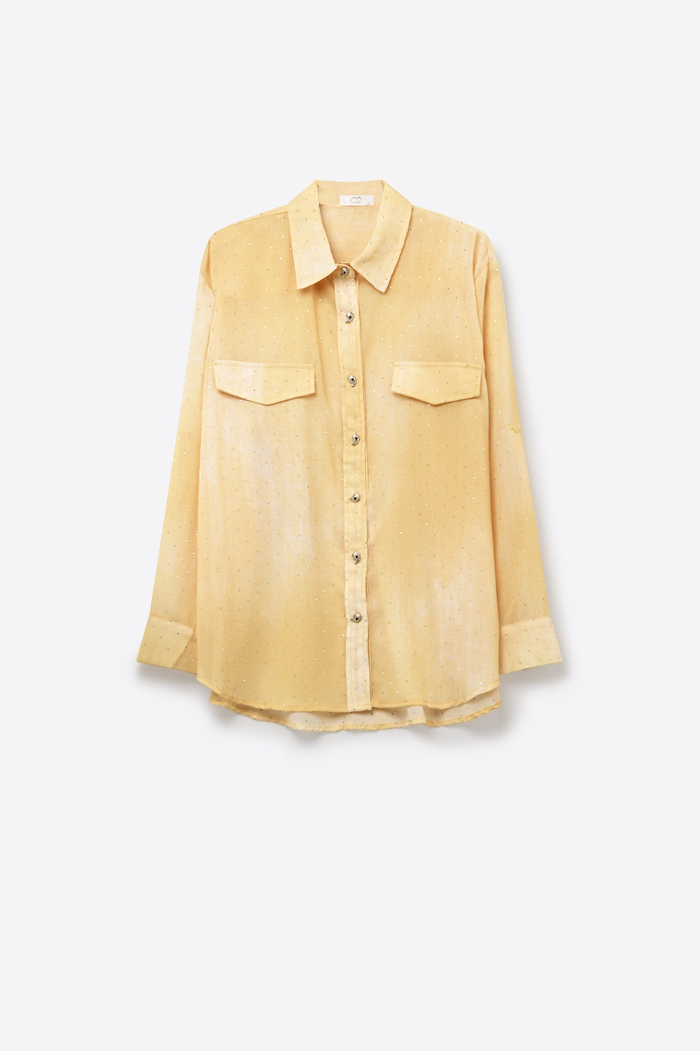 Camiseta amarela tie dye em chiffon com detalhes em strass