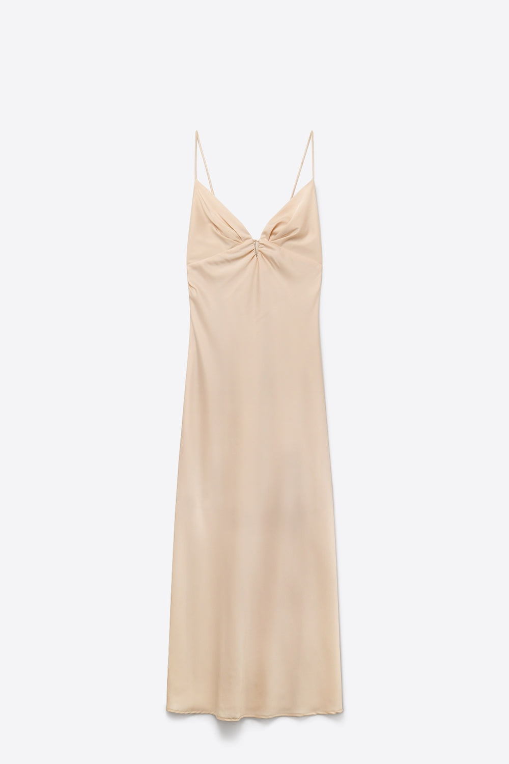 Vestido Maxi Slip de Cetim Bege com Alças Finas de Espaguete