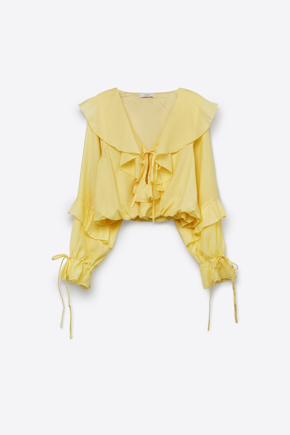 Blusa Amarela com Babados e Laço na Frente de Manga Longa
