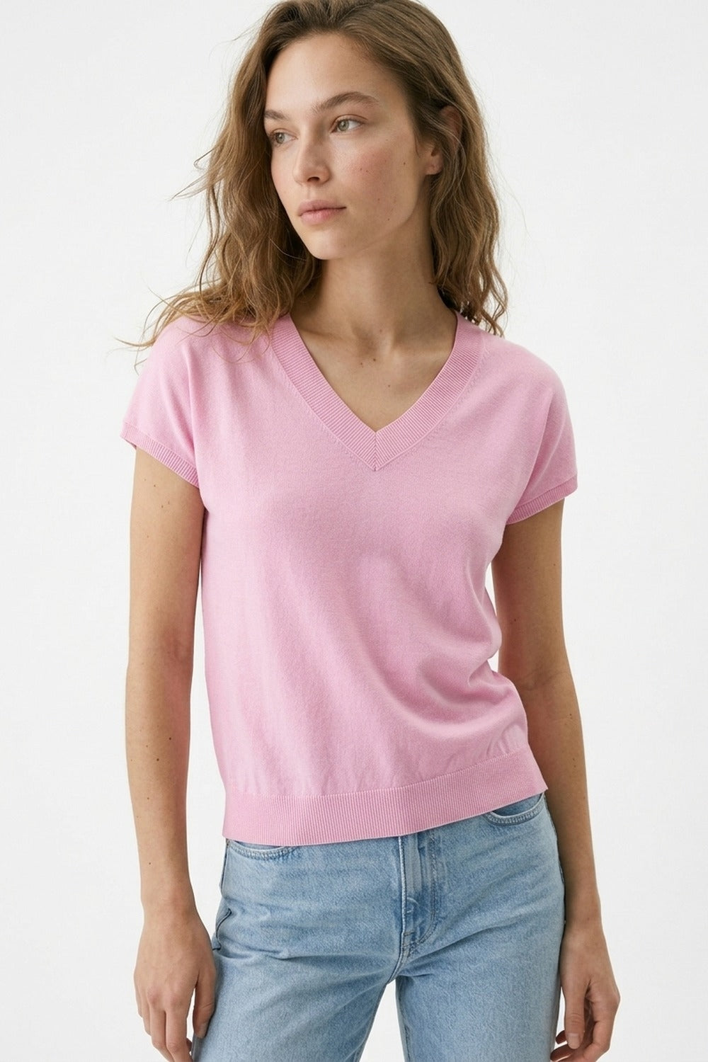 Top de malha de manga curta cor-de-rosa