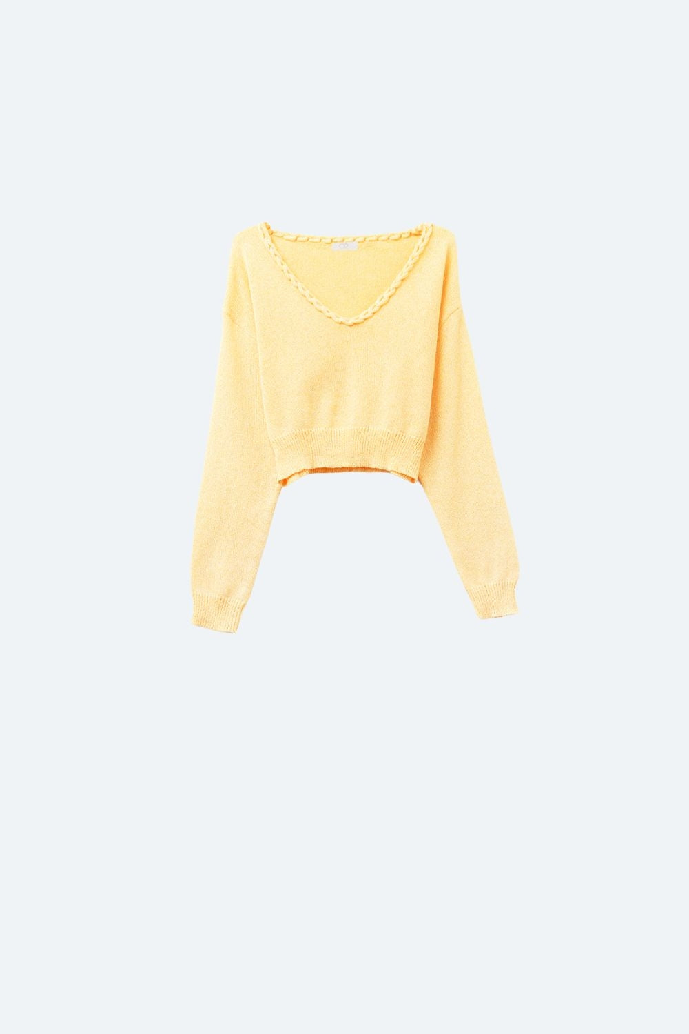 Top curto amarelo com decote em V e manga comprida