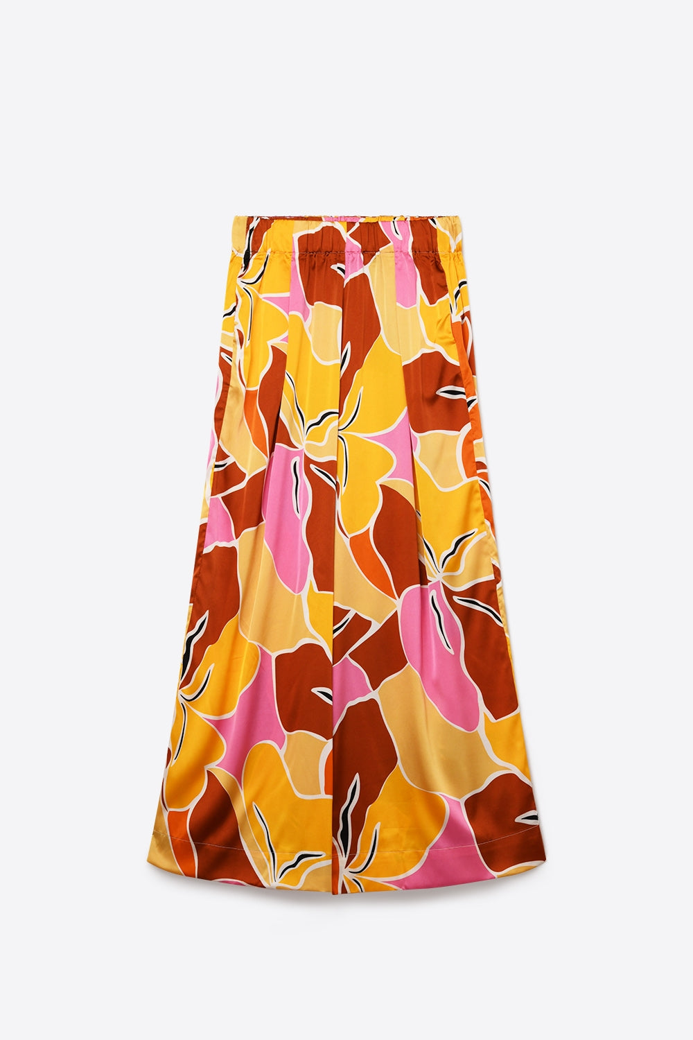 Calças Pantalonas de Estampa Tropical em Tons Quentes de Laranja