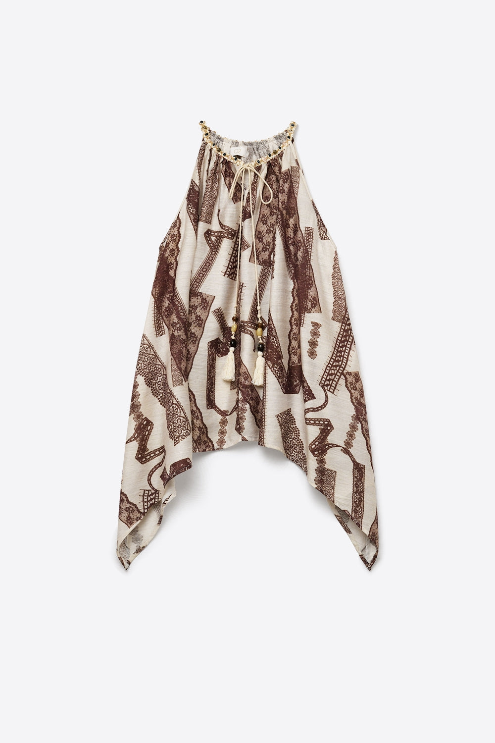 Top Halter Bege e Marrom com Estampa e Caimento Solto