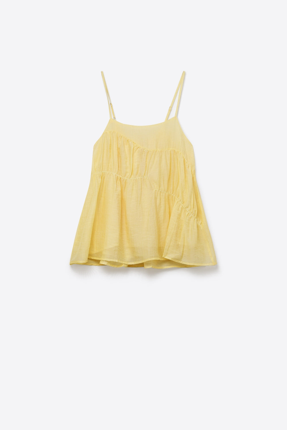 top assimétrico amarelo manteiga leve com alças finas em camadas