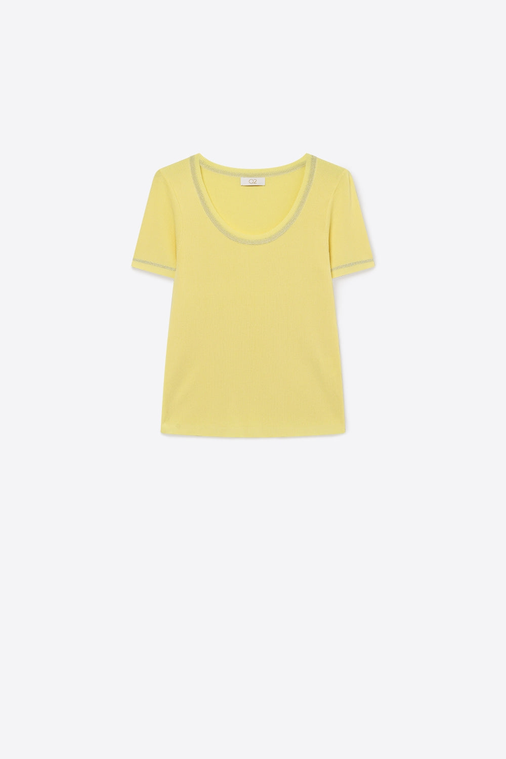 Camisola com gola redonda em malha canelada amarela com acabamento em lurex brilhante