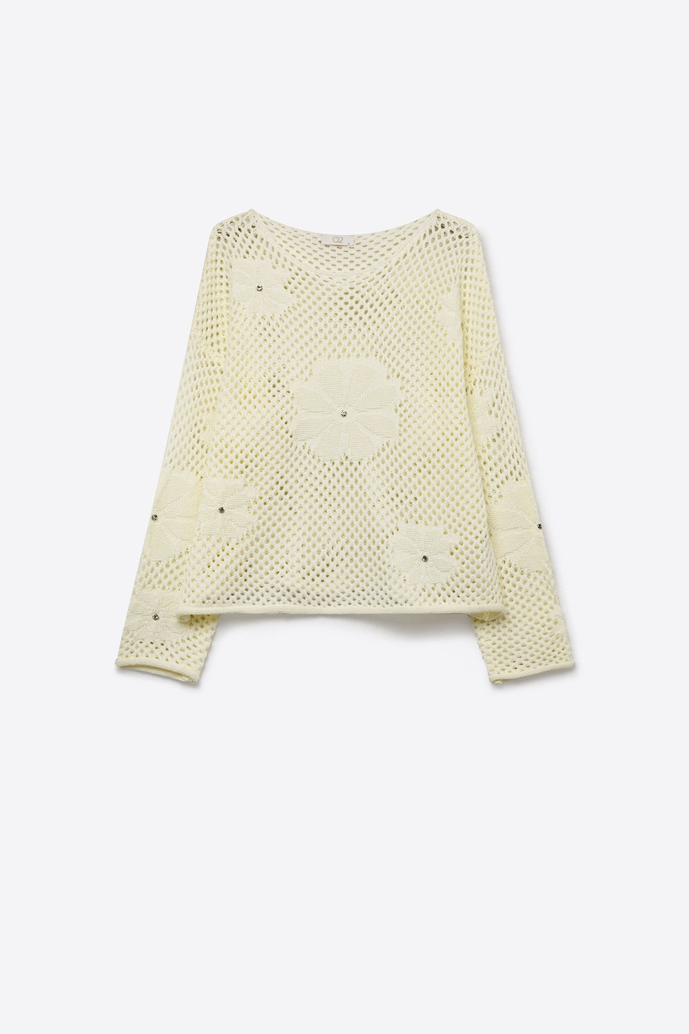 Suéter de Manga Longa com Crochê Creme e Acento Floral com Diamante