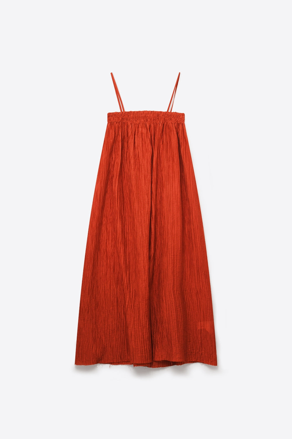 Vestido Maxi Amassado Cor de Ferrugem com Alças de Spaghetti
