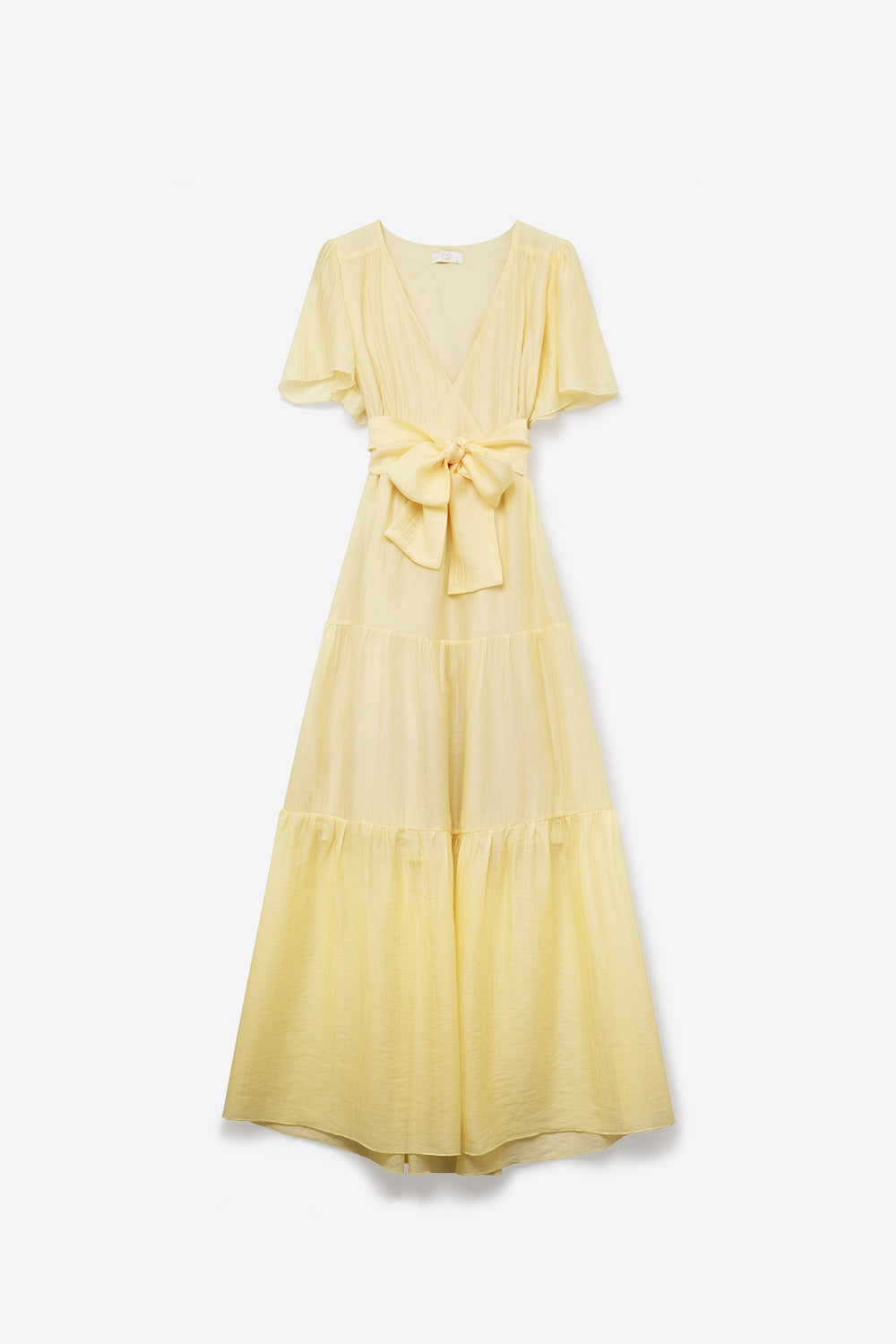 Vestido Maxi Amarelo com Cinto na Cintura e Mangas Flutuantes