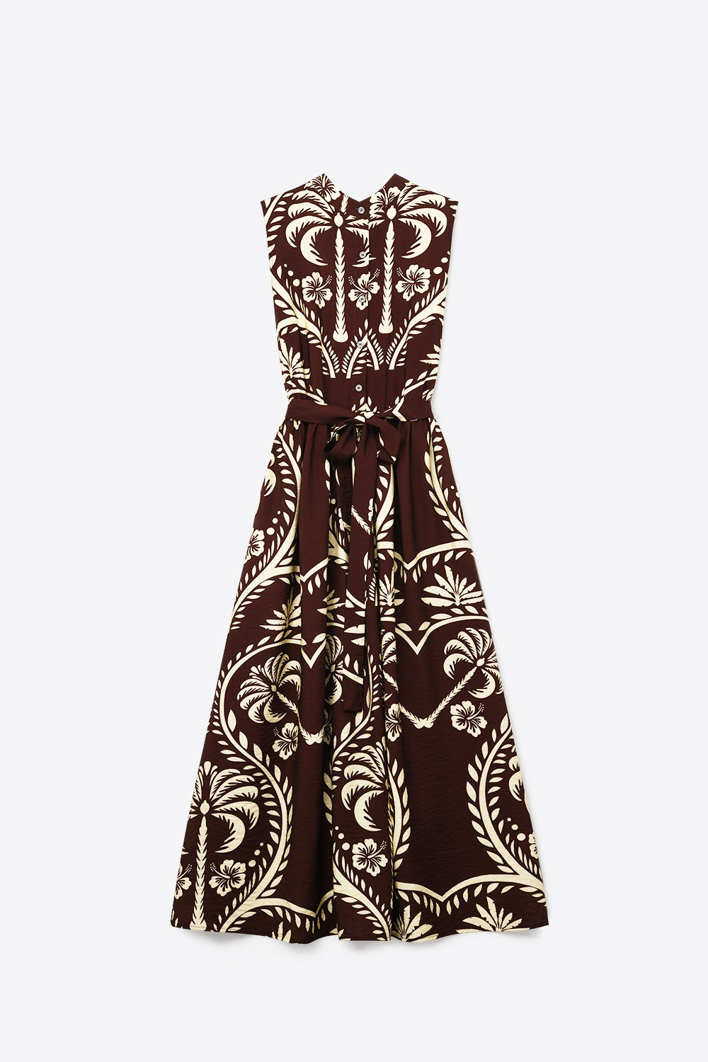 Vestido Maxi Marrom Estampado com Cintura Cintada