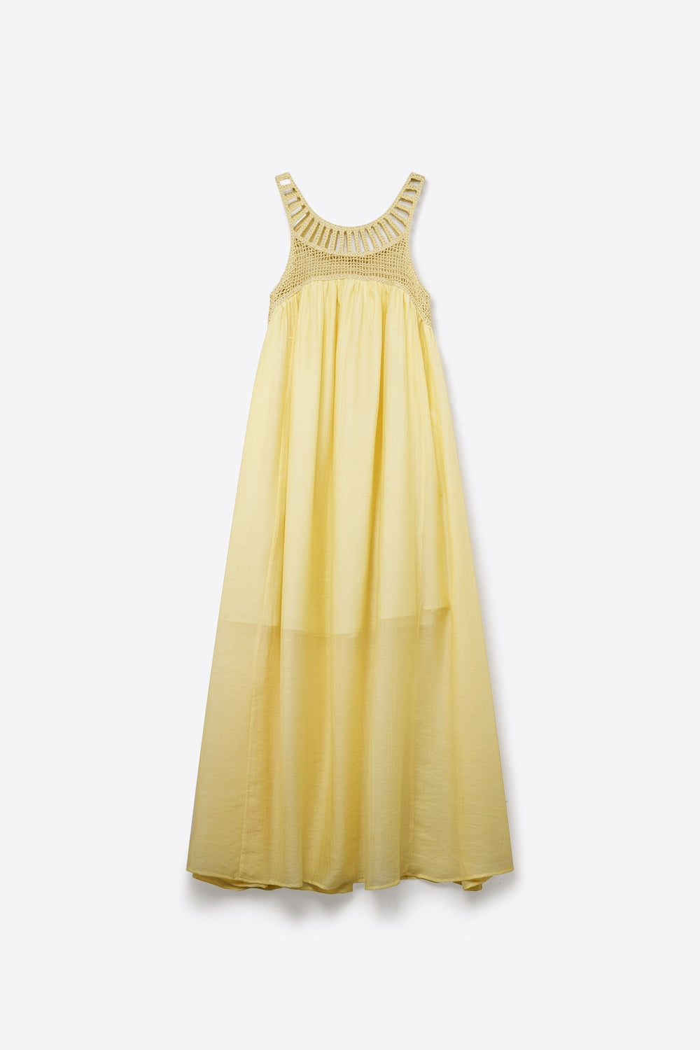 Vestido Maxi Amarelo com Ié de Crochê e Saia Fluida