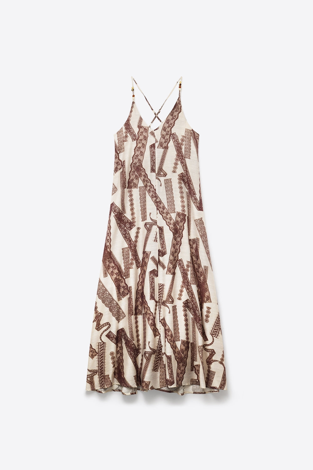 Vestido Maxi Fluido Estampado em Creme e Marrom