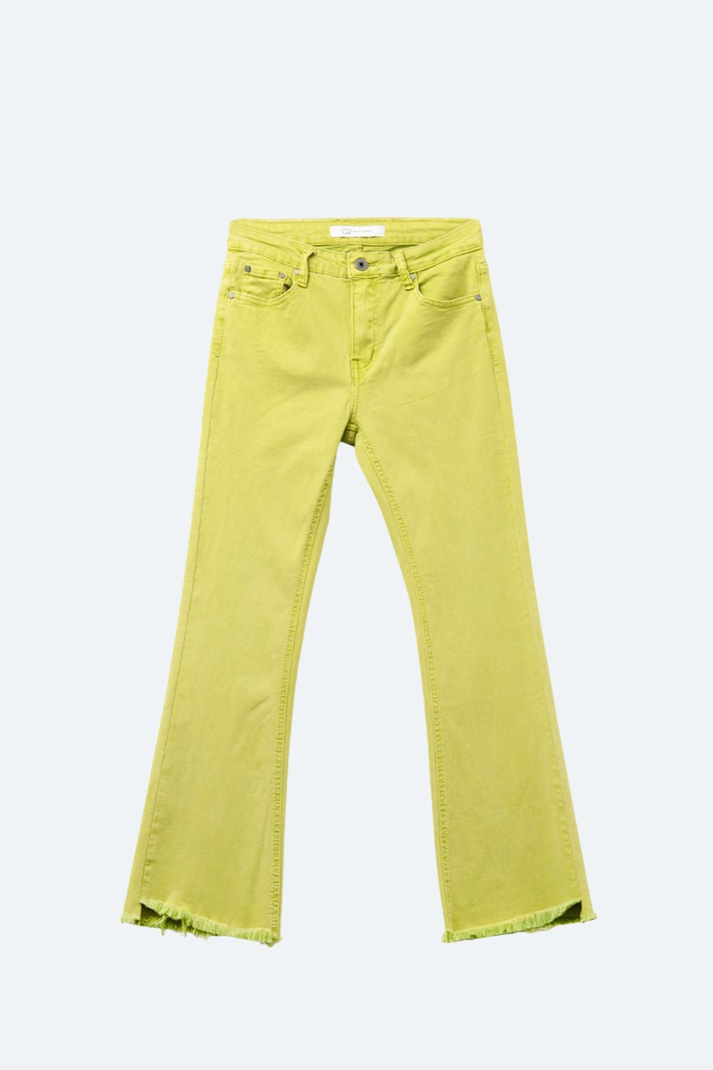 Jeans flare com borda de barra crua em cor lima