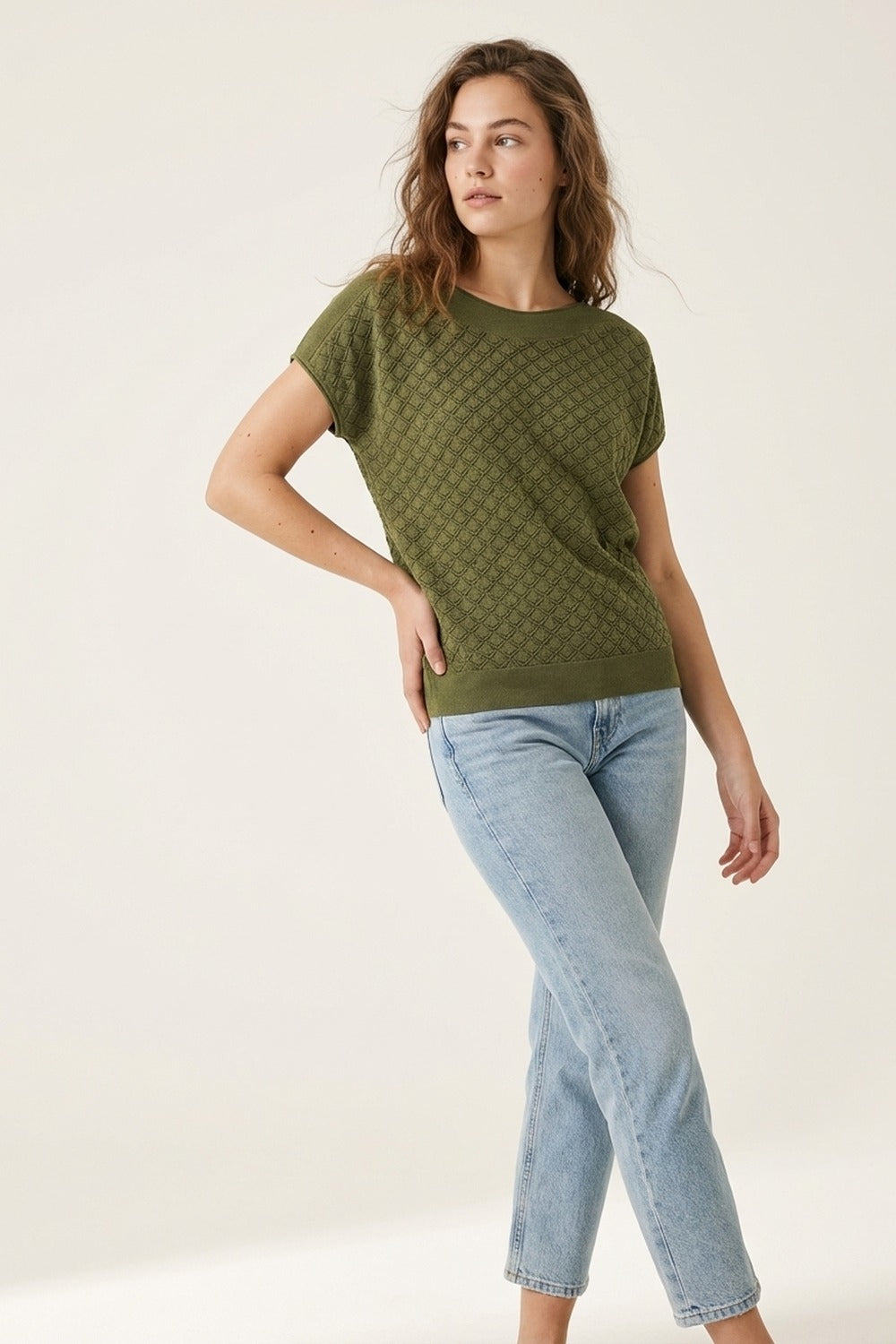 Camisola de manga curta de malha texturizada verde-oliva