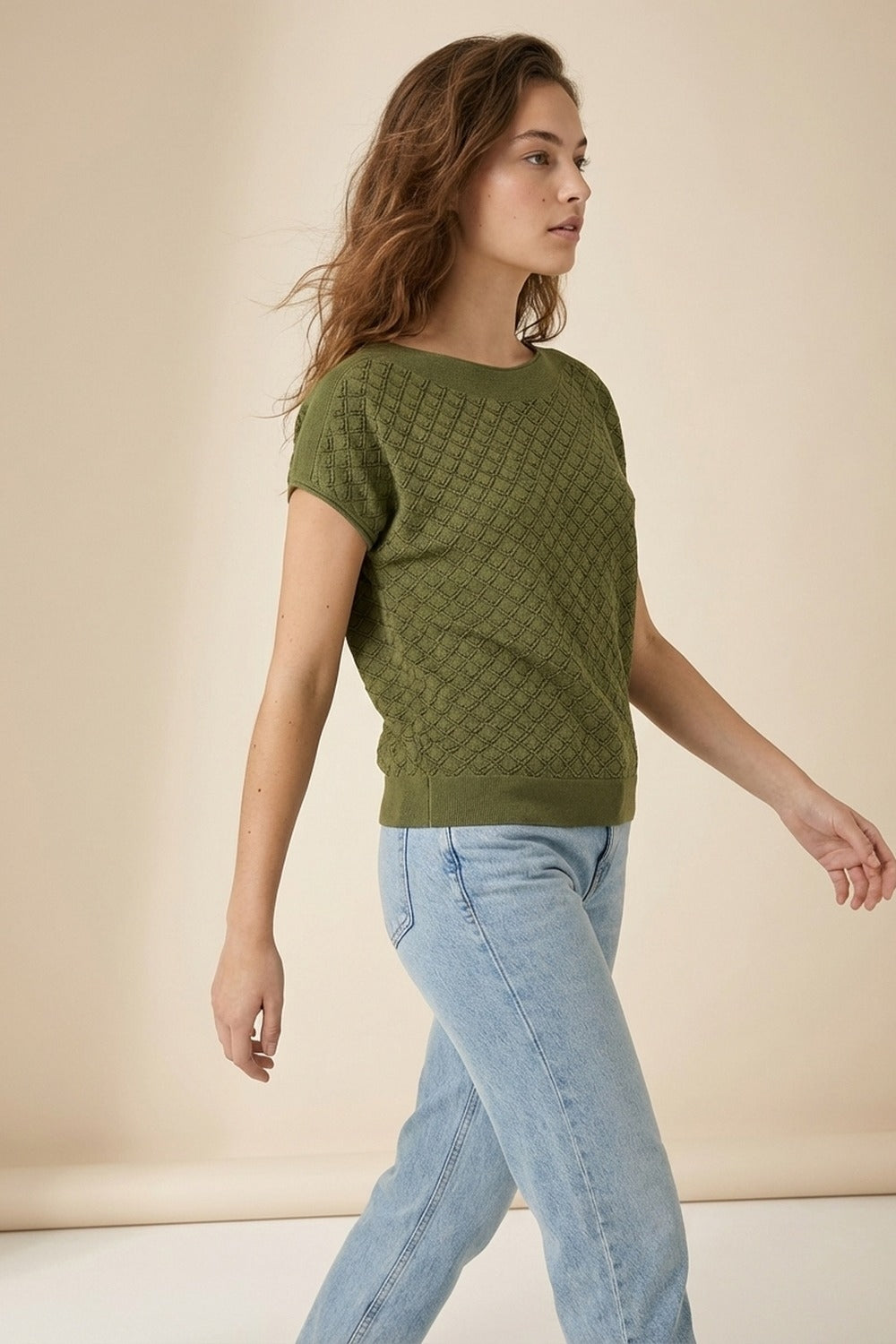 Camisola de manga curta de malha texturizada verde-oliva