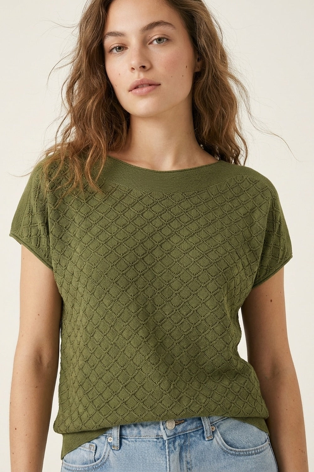 Camisola de manga curta de malha texturizada verde-oliva