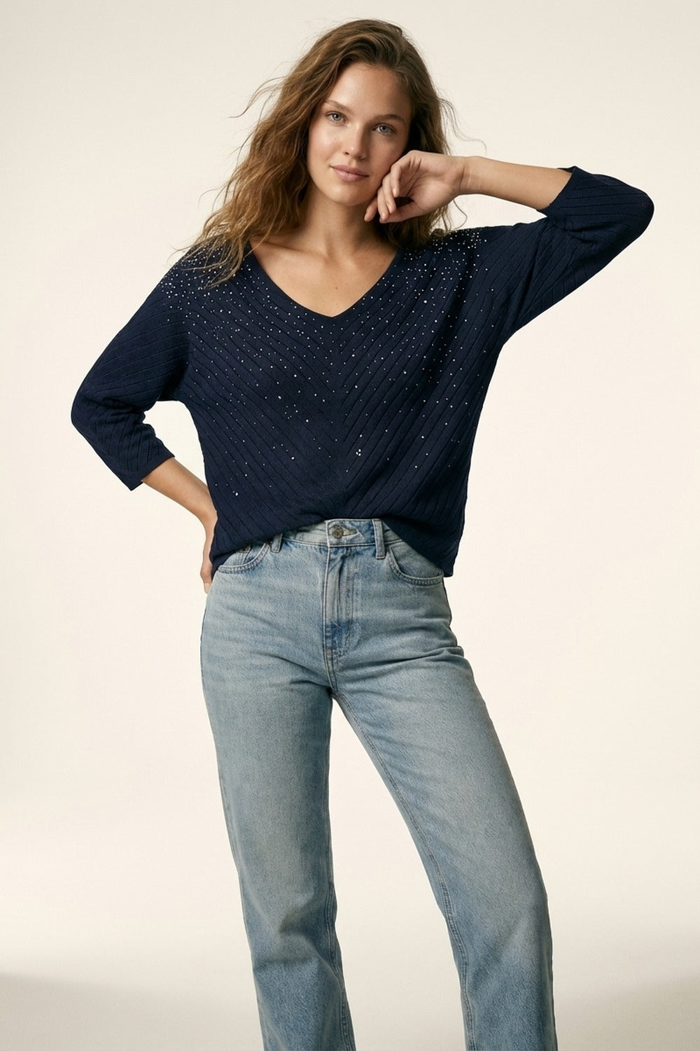 Camisola de malha com decote em V azul-marinho