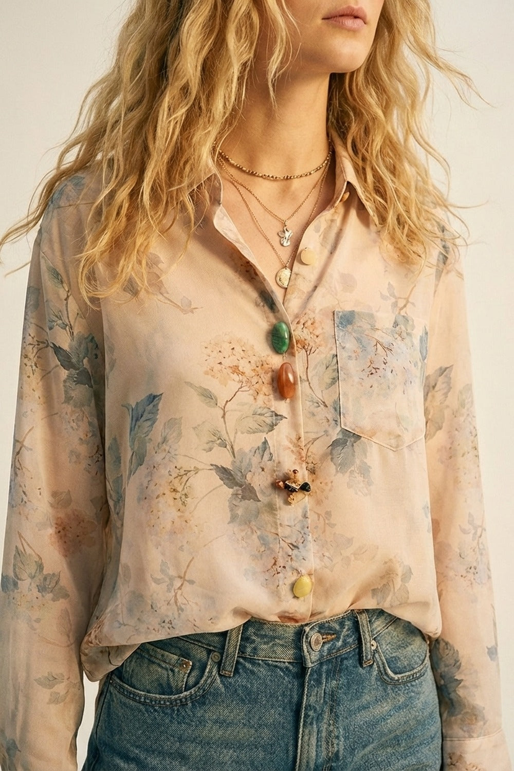 Blusa bege com botões e estampada floral
