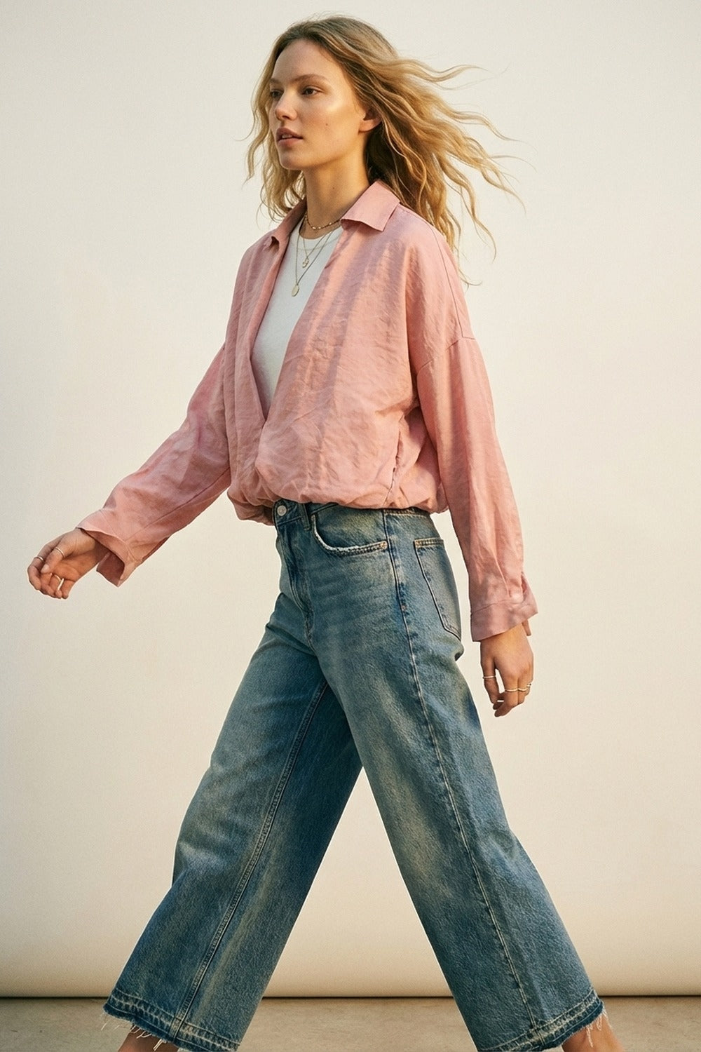 Camisa Texturizada Leve de Ajuste Relaxado Rosa e camiseta branca por dentro