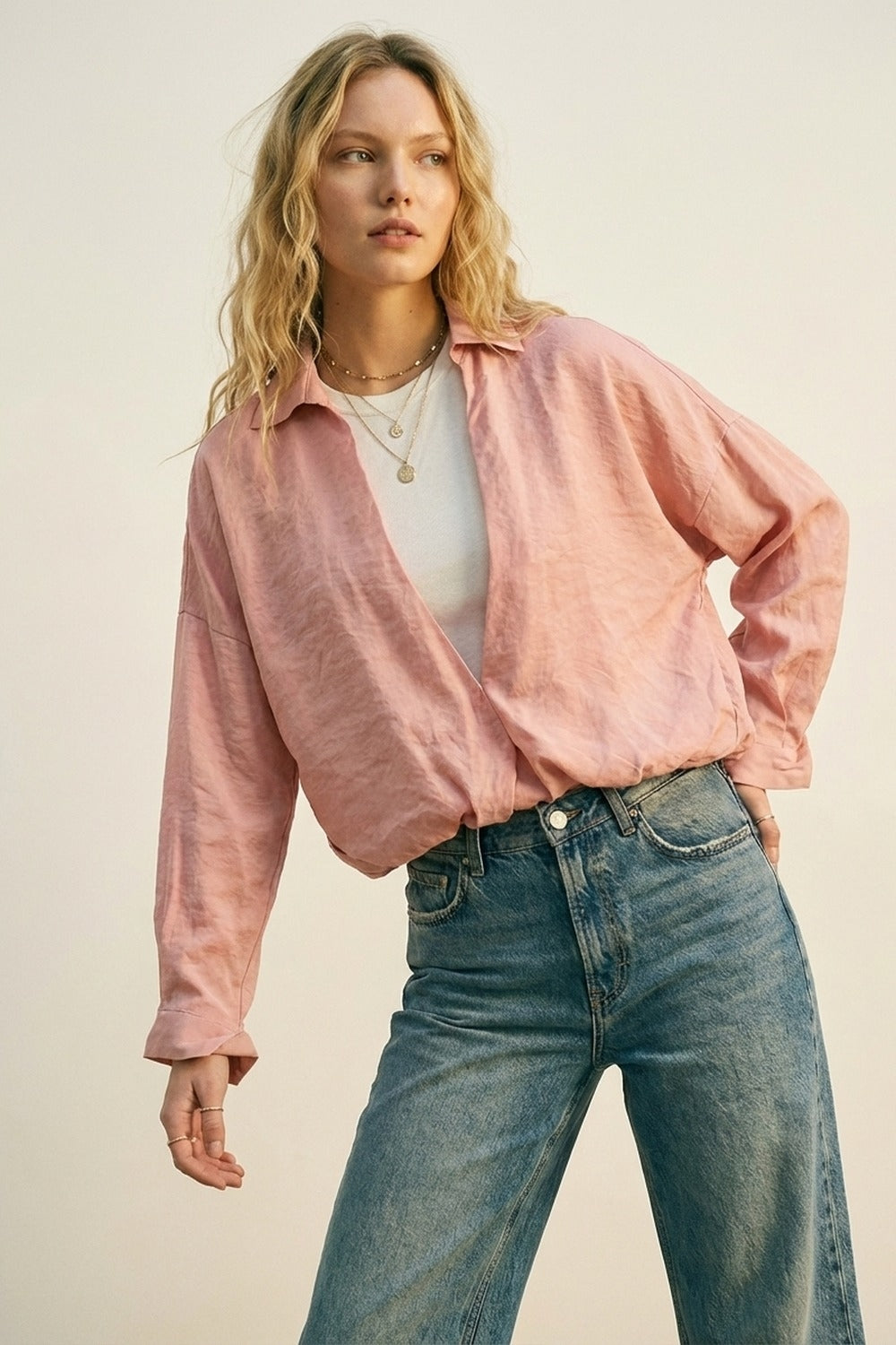 Camisa Texturizada Leve de Ajuste Relaxado Rosa e camiseta branca por dentro
