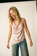 Blush Pink Satin Sleeveless Draped Lace Top
