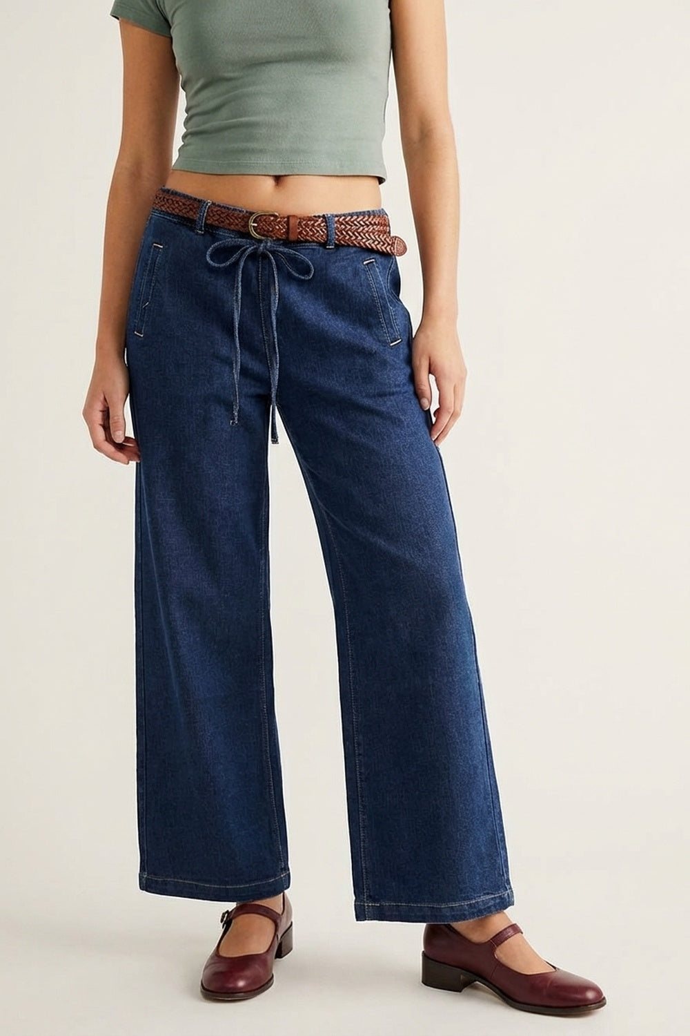 Calças Jeans Largas de Denim Azul com Laço
