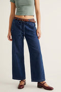 Calças Jeans Largas de Denim Azul com Laço