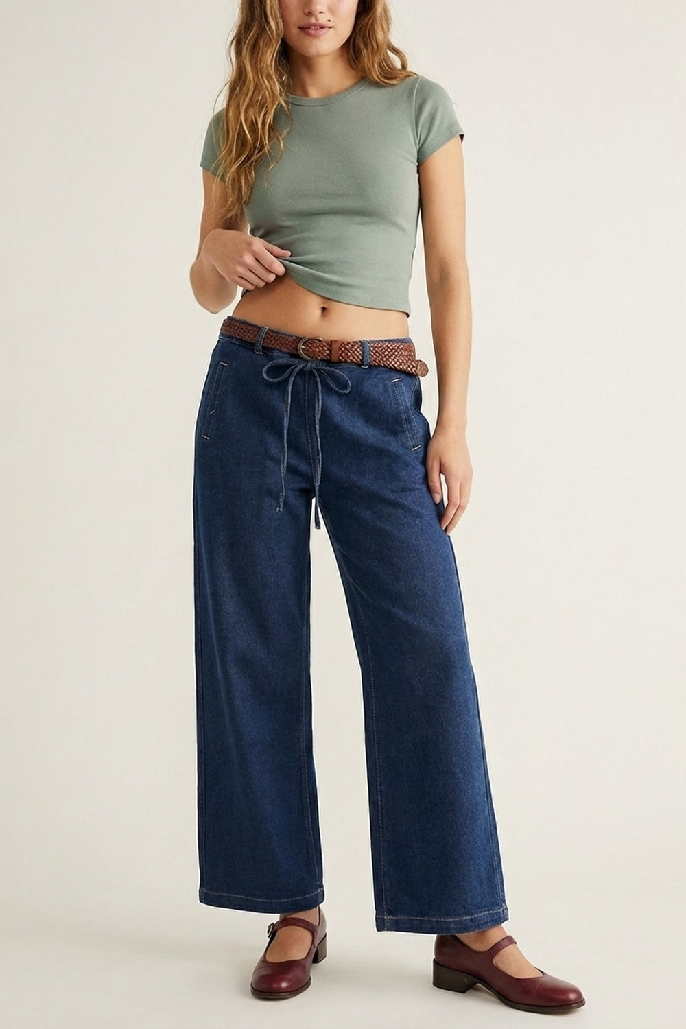Calças Jeans Largas de Denim Azul com Laço