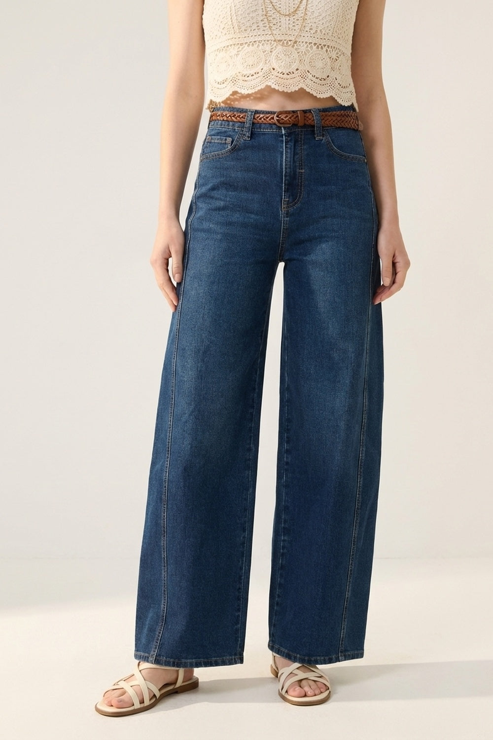 Jeans Wide-Leg de Denim Azul Clássico com Costura