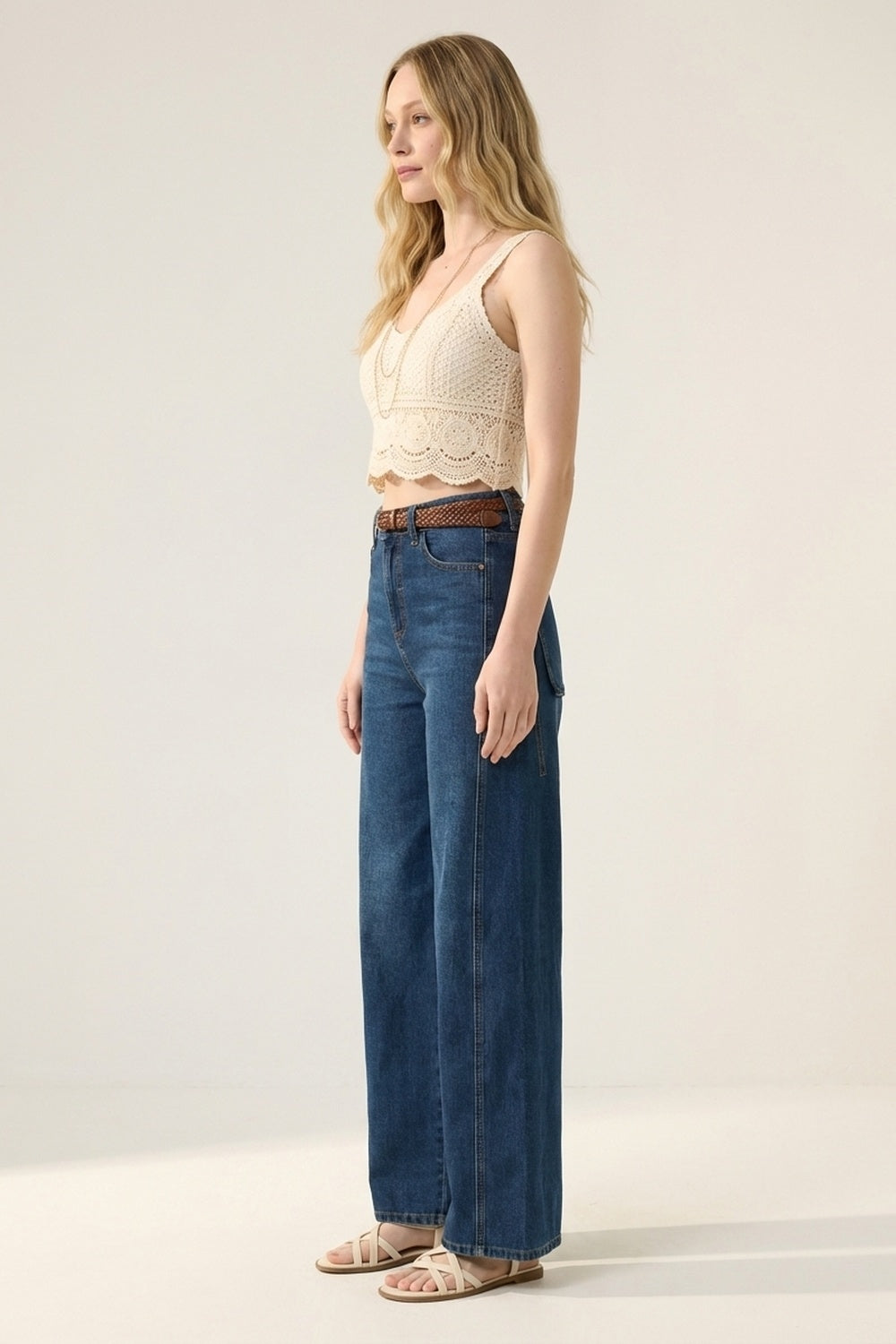 Jeans Wide-Leg de Denim Azul Clássico com Costura