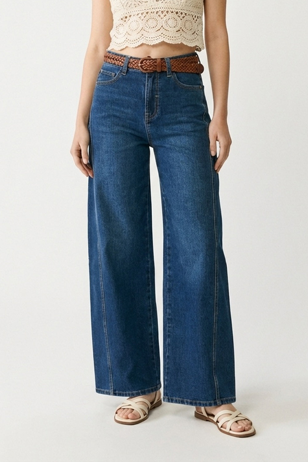 Jeans Wide-Leg de Denim Azul Clássico com Costura