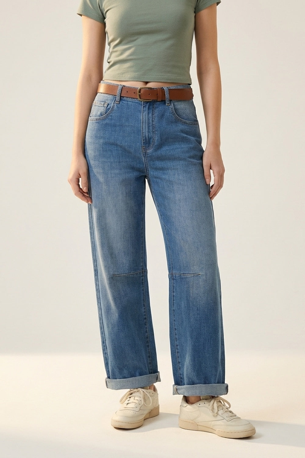 Jeans de Denim com Pernas Retas e Punhos Dobrados em Lavagem Média