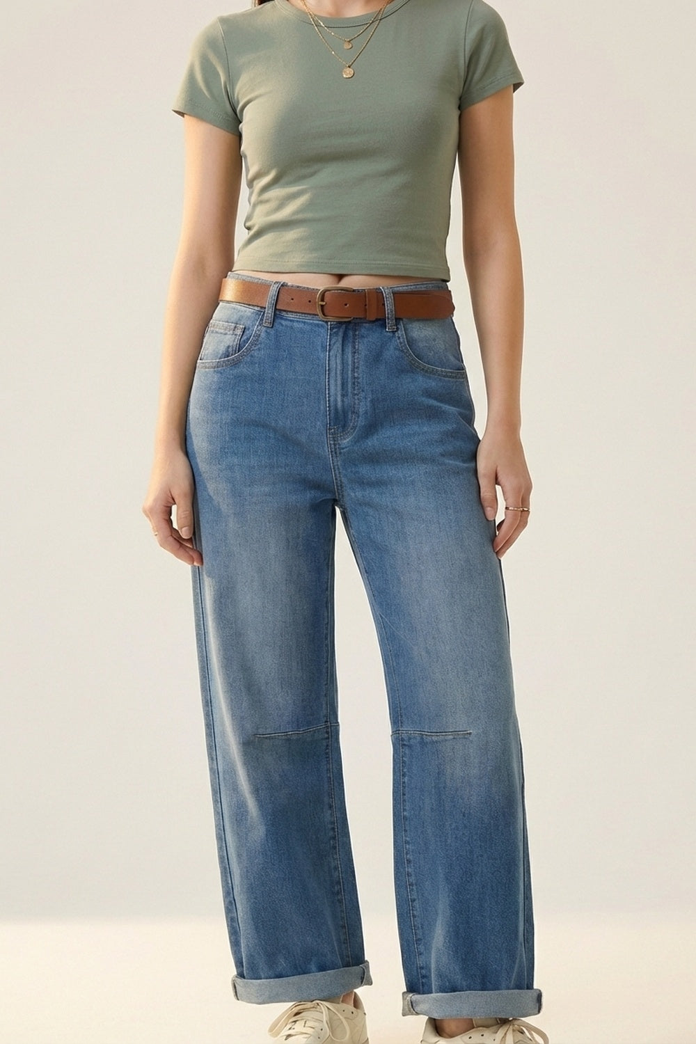 Jeans de Denim com Pernas Retas e Punhos Dobrados em Lavagem Média