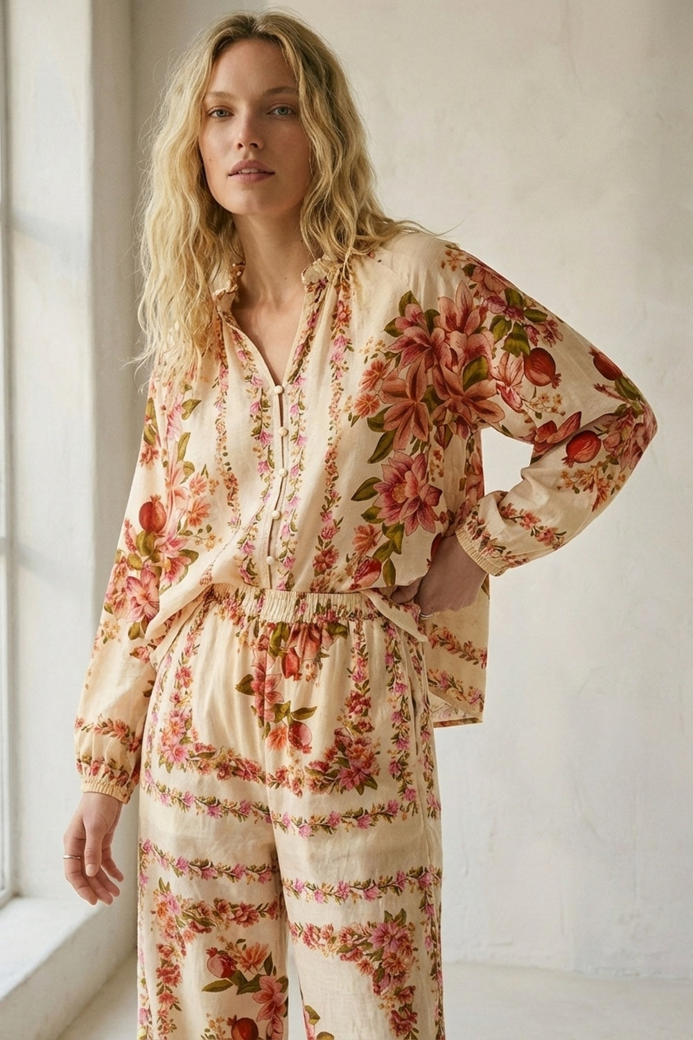Blusa Boho com estampado floral em creme e gola com cordão