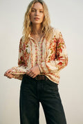 Blusa Boho com estampado floral em creme e gola com cordão