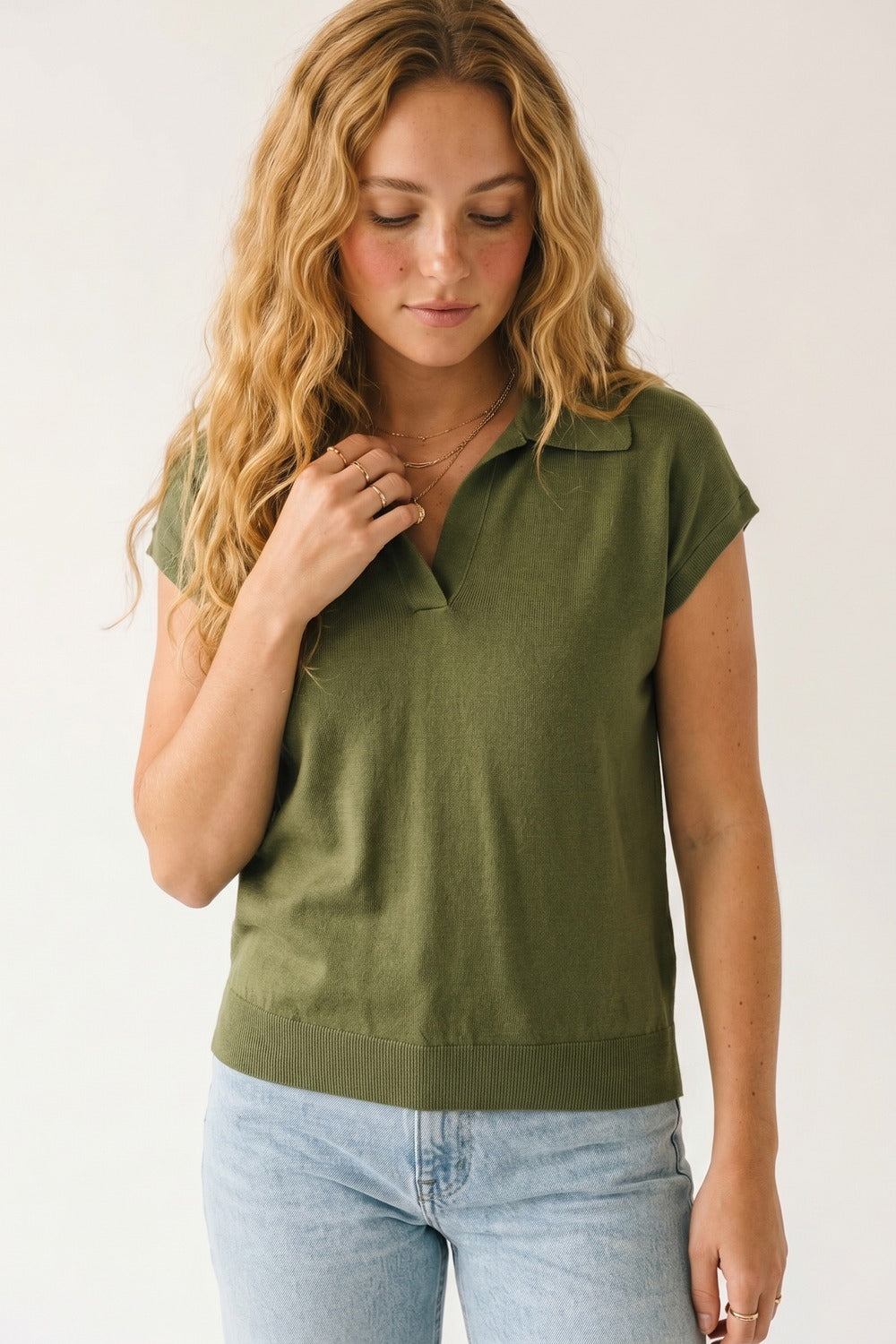 Polo de Malha Fina Verde Oliva com Mangas Caídas