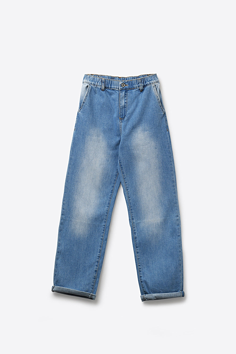Calças Jeans Relaxed Fit Lavagem Clara Cintura Elástica