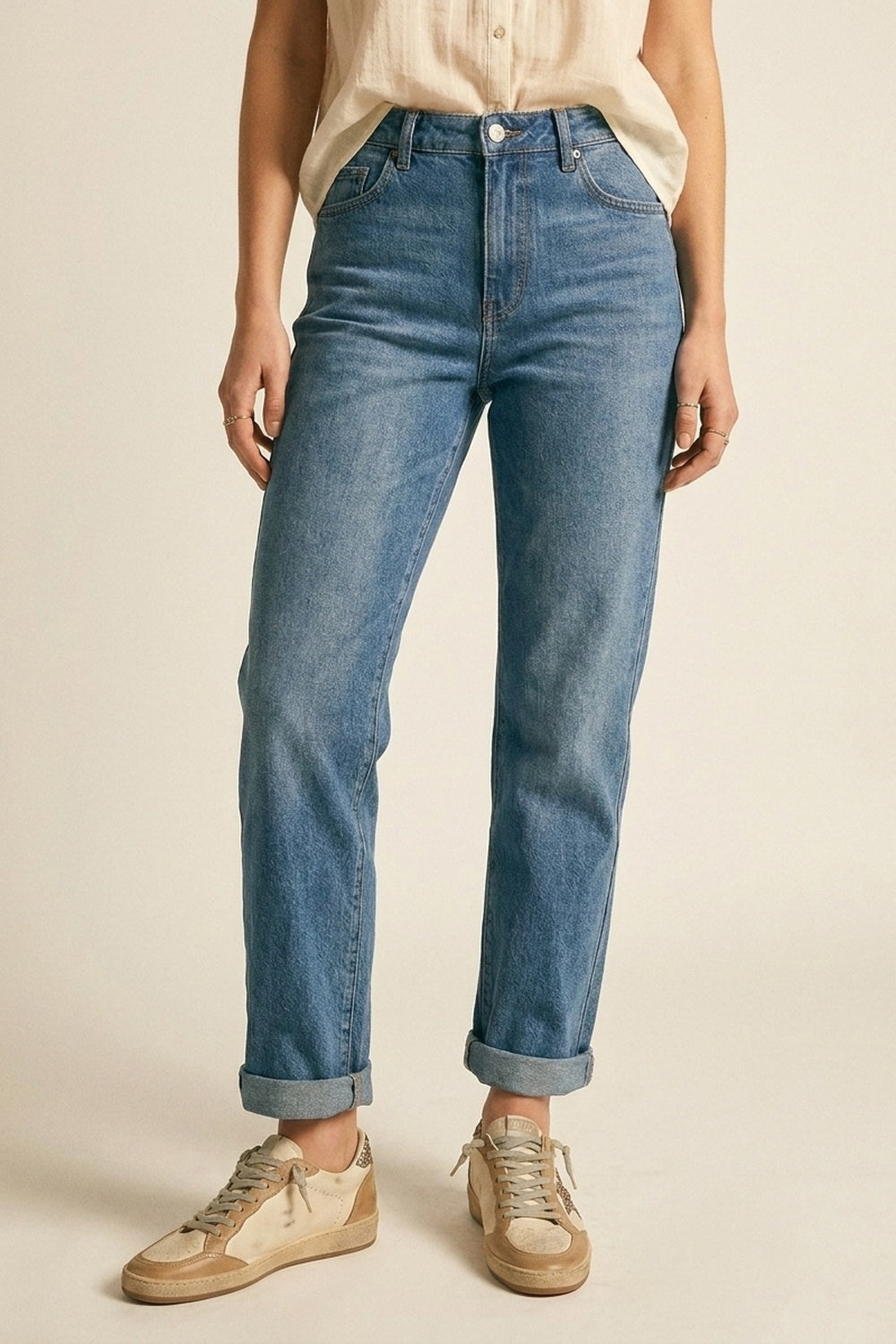 Calça Jeans Denim Azul Clássica de Perna Reta com cintura média